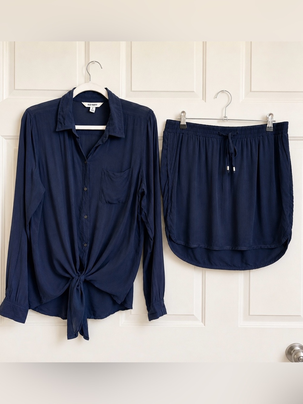 Monochrome Navy 2 Piece Button Up Blouse Dolphin Hem Mini Skirt Coastal Grandma - Picture 2 of 9